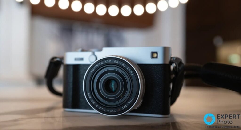 Fujifilm X-E5 silver posé sur surface en marbre, vue de face, bokeh de guirlandes en arrière-plan.