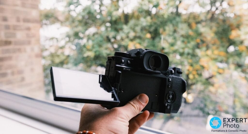 Fujifilm X-H2 vu de 3/4 arrière, écran articulé déployé sur le côté gauche, marquage X-H2 lisible.