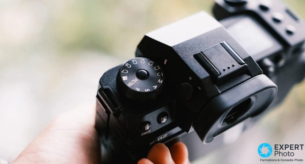 Gros plan sur la molette de modes du Fujifilm X-H2 avec positions C1 à C6 personnalisables, P, A, S, M.