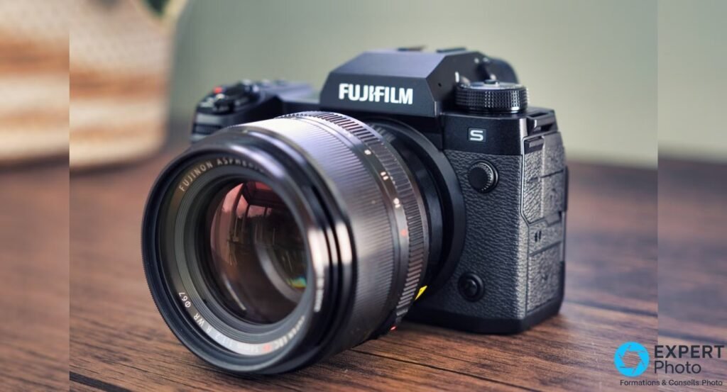 Fujifilm X-H2S de face trois quarts avec optique XF 56mm f/1.2 R WR montée, posé sur surface bois foncé 