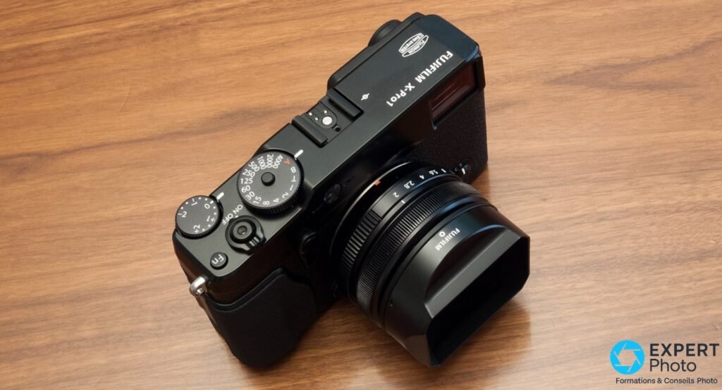 Fujifilm X-Pro1 noir vu de trois quarts dessus avec objectif Fujinon f/2 et pare-soleil carré, table bois