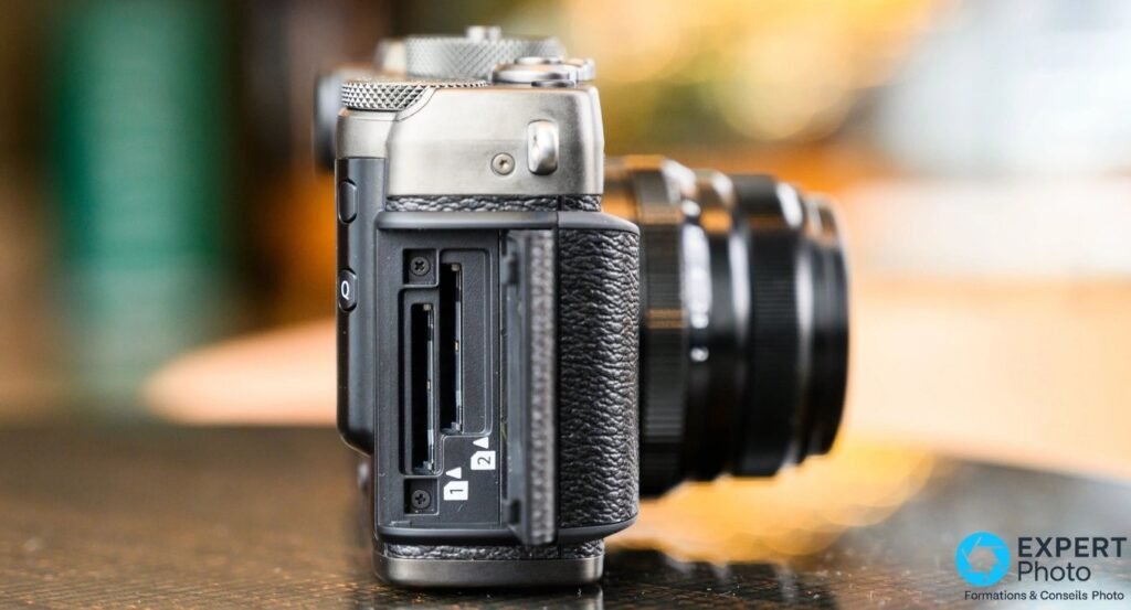 Profil gauche d'un Fujifilm X-Pro3 Dura Silver, trappe ouverte sur les deux logements SD numérotés 1 et 2, bouton Q visible.