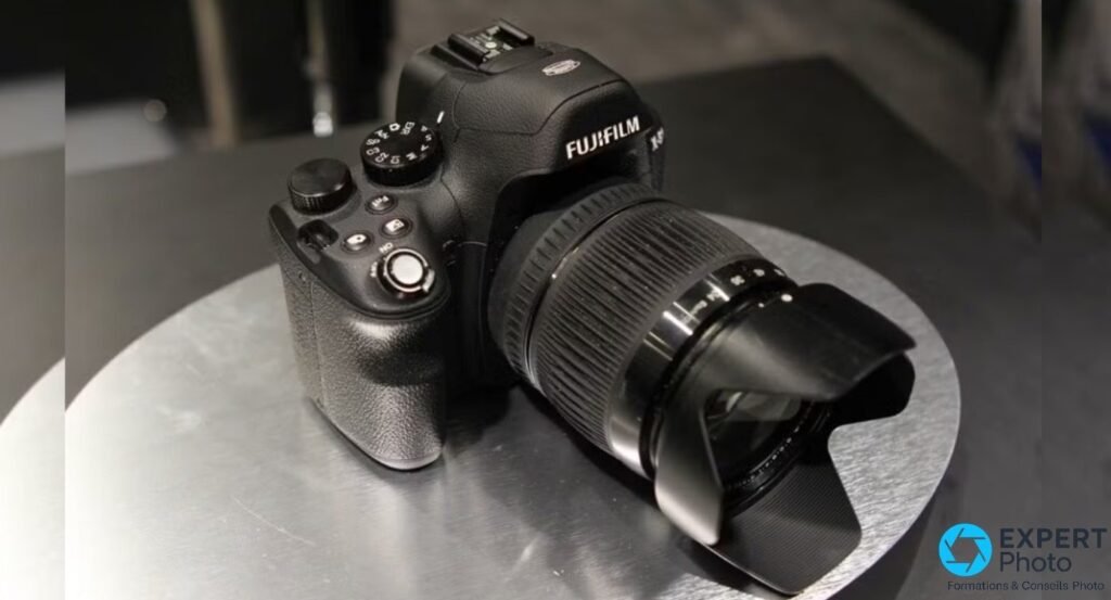 Fujifilm X-S1 vu de 3/4 avant droit, posé sur un plateau circulaire métallique, contexte salon ou vitrine.