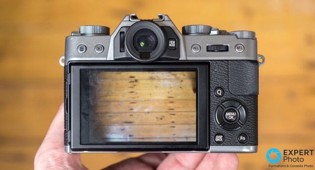 Fujifilm X-T10 vu de dos, écran LCD, viseur électronique et croix de navigation MENU/OK, en main.