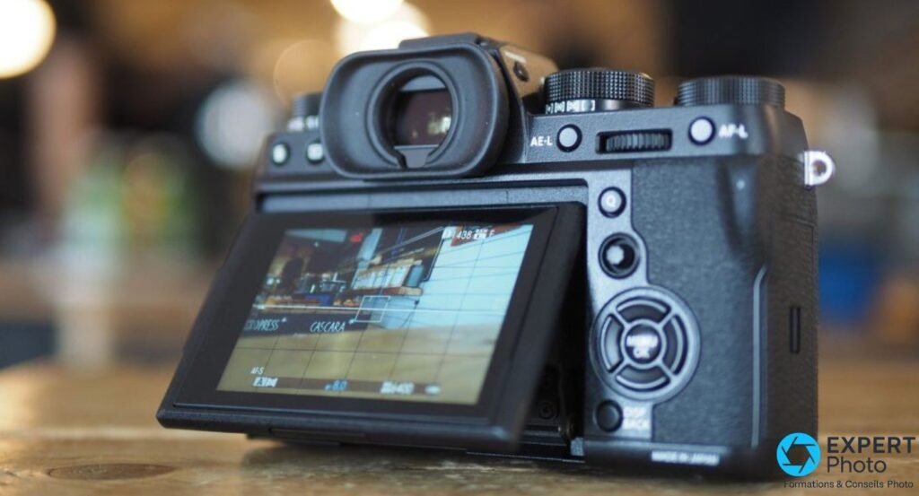 Dos du Fujifilm X-T2 avec écran orientable basculé vers le bas affichant la visée en direct, viseur OLED visible.