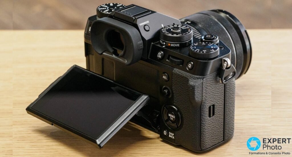 Fujifilm X-T5 vu de 3/4 arrière, écran tactile trois axes déployé latéralement et molettes du sommet visibles.