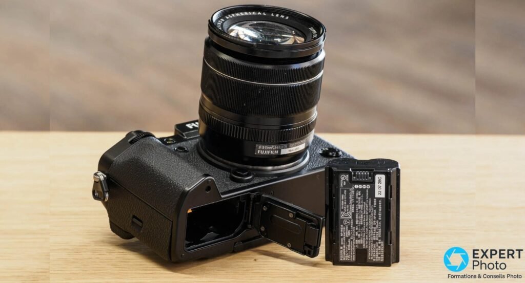 Fujifilm X-T5 vu de dessous, batterie lithium NP-W235 sortie posée à côté du compartiment ouvert.