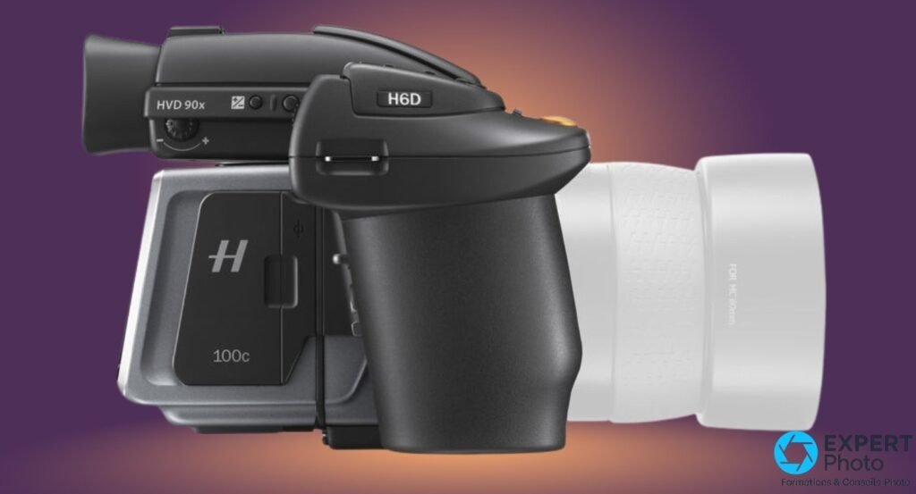 Profil gauche du Hasselblad H6D-100c : viseur HVD 90x, capot marqué H6D, dos 100c et objectif clair à droite 