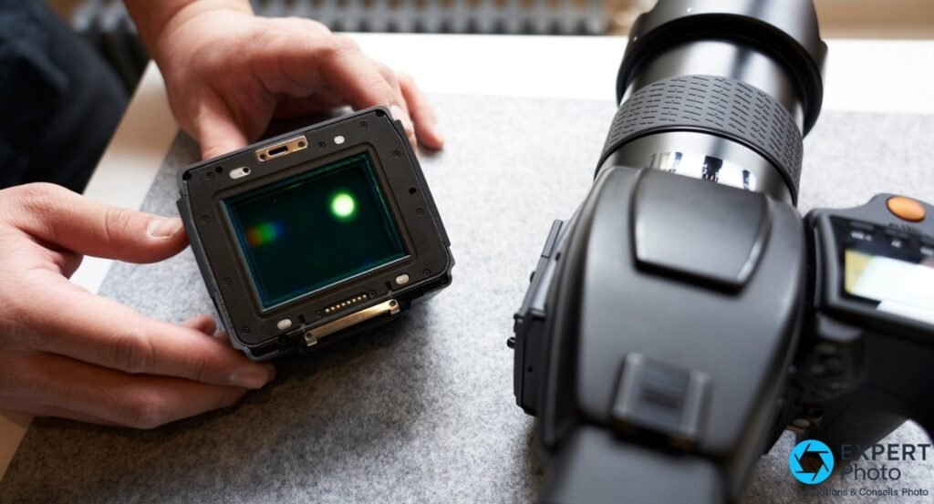 Mains tenant le dos numerique detache du Hasselblad H6D-400c MS, capteur visible, boitier flou derriere