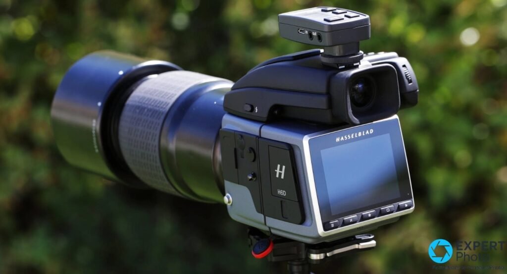 Hasselblad H6D-50c de trois quarts arriere sur trepied, ecran arriere et viseur, fond vert flou
