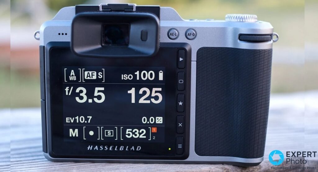 Dos du Hasselblad X1D-50c, écran affichant f/3.5, 1/125 s, ISO 100 et mode M, viseur et grip texturé