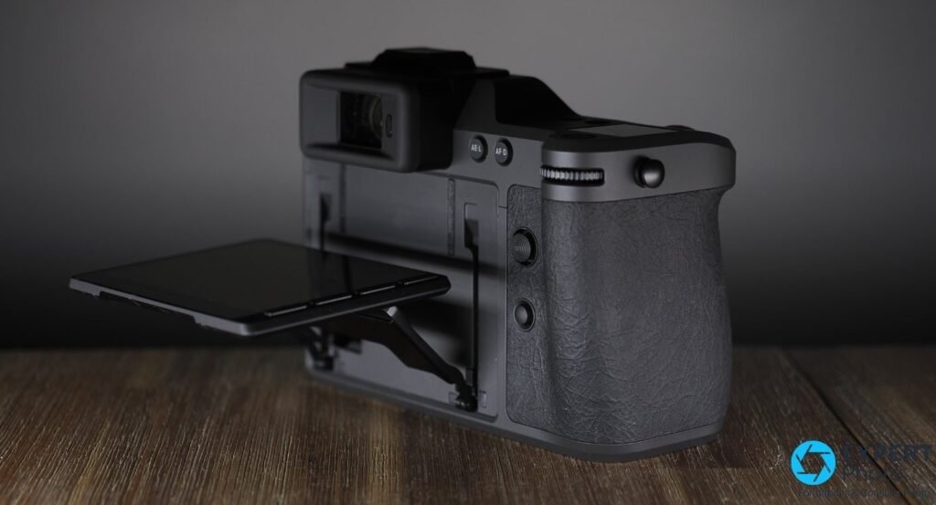 Hasselblad X2D II 100C de trois quarts arriere, ecran articule deploye vers le bas, viseur et poignee visibles.