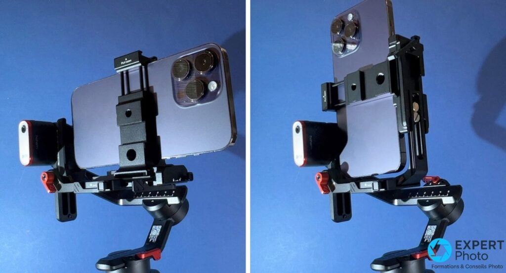 Smartphone fixé sur le gimbal Hohem iSteady MT2, deux vues du serrage et du rail d'équilibrage, fond bleu