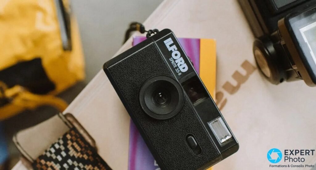 Ilford Sprite 35-II noir vu de dessus sur un magazine, sangle tissée, sac jaune et second appareil flous autour 