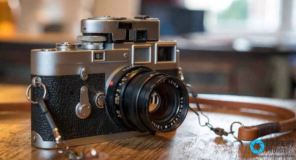 Boitier Leica M3 argente et noir de trois quarts avant, objectif noir Summicron-M 50 mm, sur table en bois, fond flou.