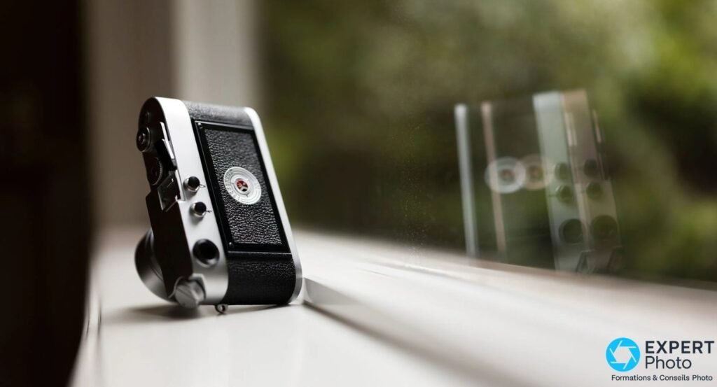  Vue arrière d'un Leica M4 sur un rebord de fenêtre, disque de rappel de sensibilité au dos, reflet dans la vitre.