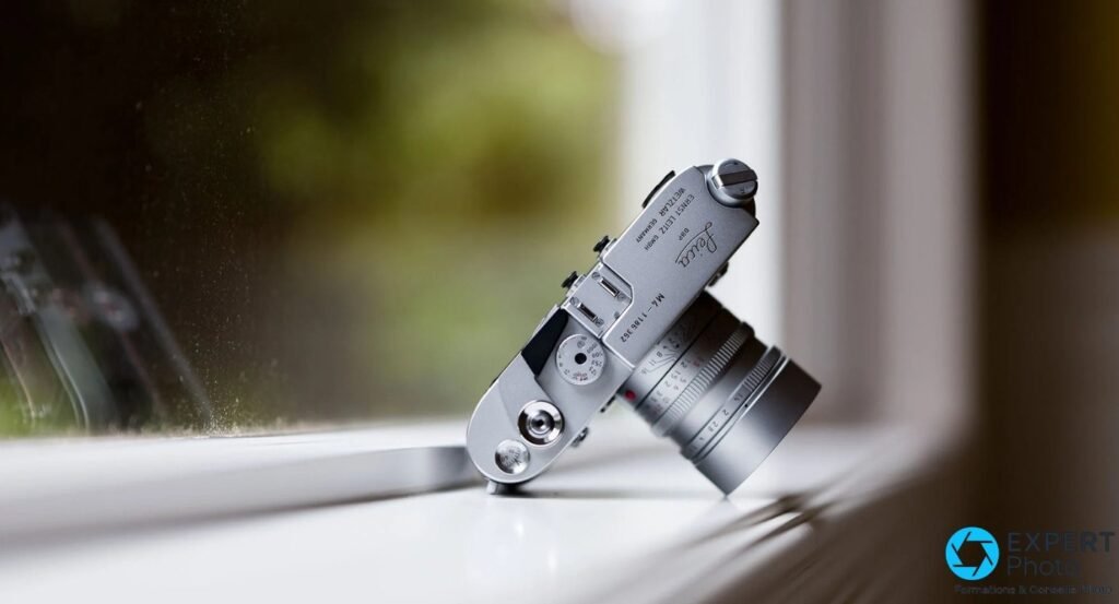 Leica M4 argenté, objectif argenté monté, gravure M4-1186362 visible, posé en biais contre l'encadrement d'une fenêtre.
