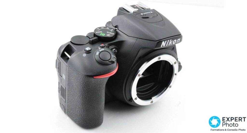 Boîtier Nikon D5600 nu en 3/4 avant côté grip, flash relevé, monture Nikon F nue sans objectif, fond clair uniforme. 