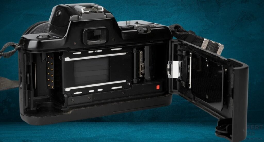 Dos du Nikon F-401s ouvert, chambre film 35 mm visible avec axe d'enroulement et broches de codage DX.