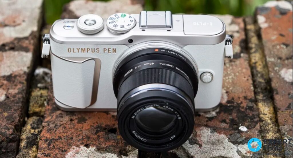 Olympus PEN E-PL10 blanc, face avant en légère contre-plongée, objectif M.Zuiko Digital 45 mm 1:1,8, muret de briques