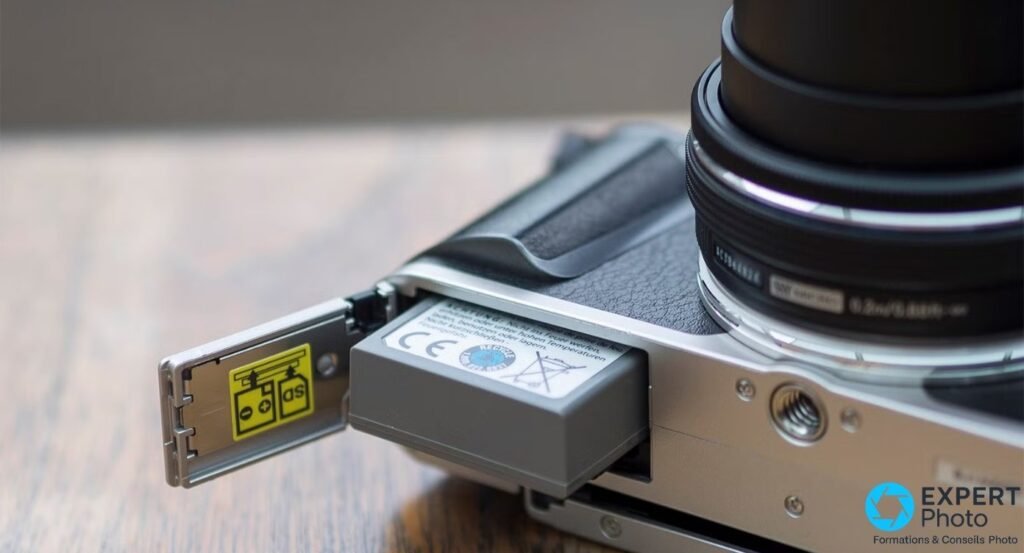 Compartiment batterie de l'Olympus PEN E-PL9 ouvert, accu sorti partiellement avec étiquette CE.