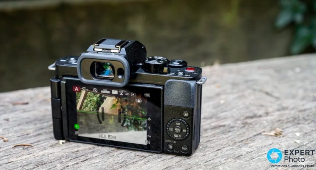 Panasonic Lumix G110 / G100 vu de dos, écran tactile arrière allumé avec interface de cadrage, viseur électronique visible. 