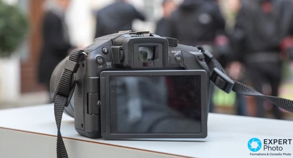 Panasonic Lumix G6 vu de dos posé sur surface claire, écran orientable déployé pivotant et viseur électronique visibles