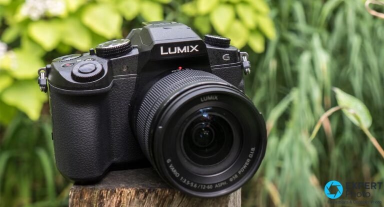 Panasonic Lumix G80 noir vu en trois quarts avant droit avec objectif Lumix G Vario 12-60 mm posé sur souche bois