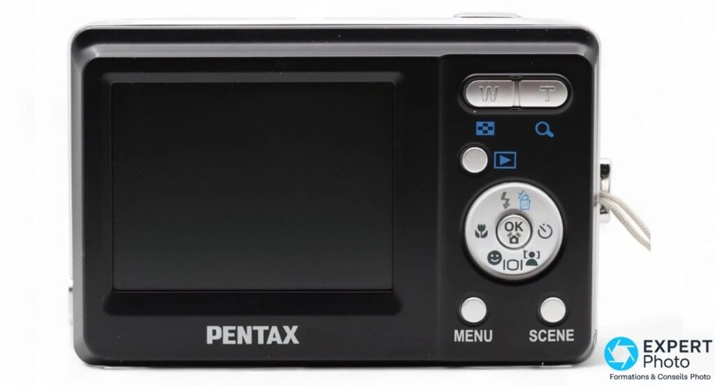 Dos du Pentax Optio E70L : écran LCD 2,4 pouces, bascule zoom W/T, pad directionnel, boutons MENU et SCENE. 