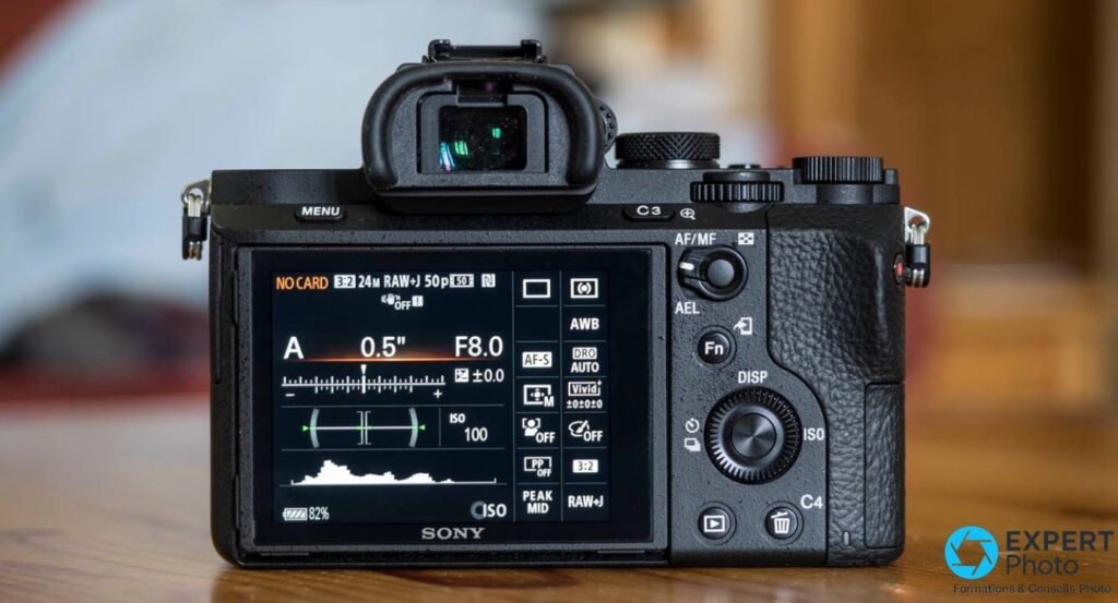 Sony Alpha 7 II vu de dos, écran arrière allumé affichant mode A, F8.0, ISO 100, 24M, batterie 82 %, histogramme.