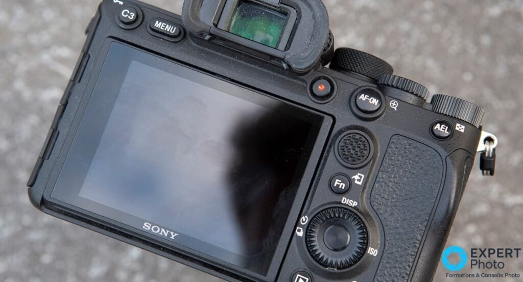 Dos du Sony A7R IV avec écran LCD inclinable, viseur OLED, boutons MENU AF-ON Fn DISP ISO et joystick