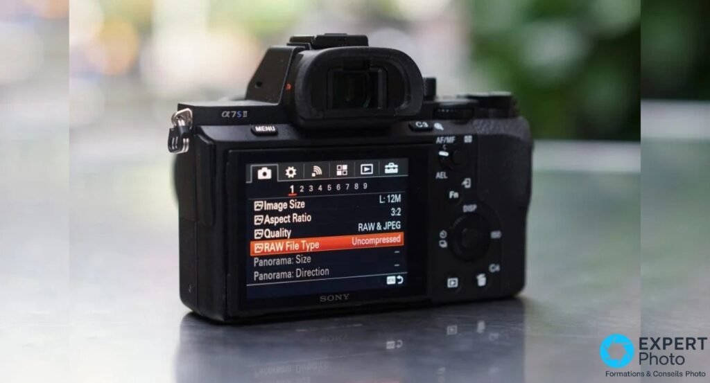Sony A7S II vue arrière, écran allumé sur menu Image Size 12M, RAW & JPEG, RAW File Type Uncompressed.