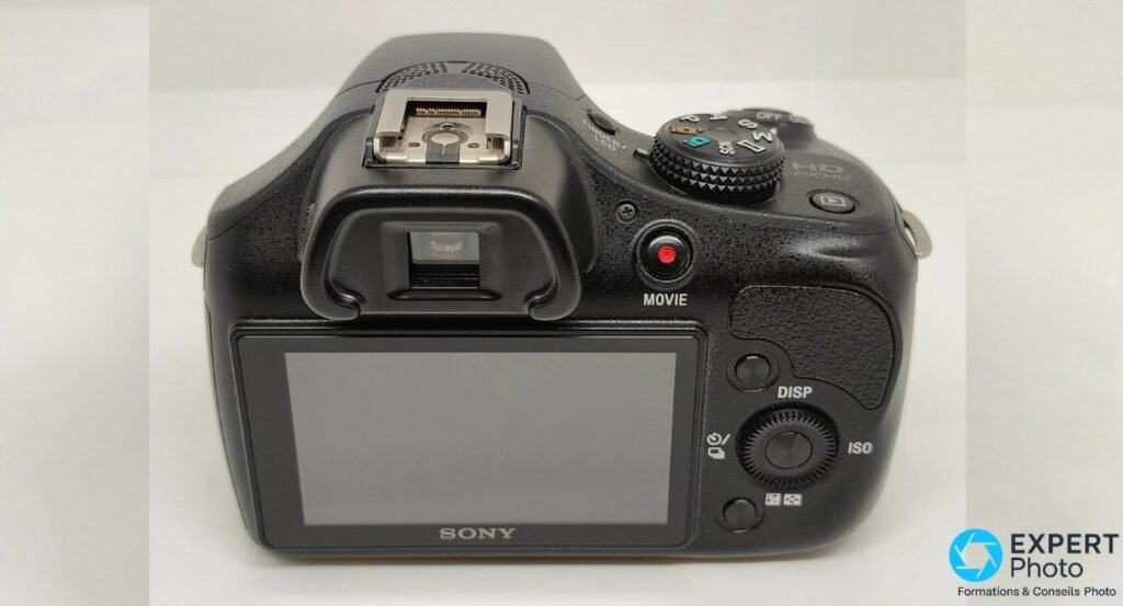 Vue arrière du Sony Alpha 3000 avec viseur électronique, écran LCD 3 pouces éteint, bouton MOVIE rouge et molette DISP/ISO.