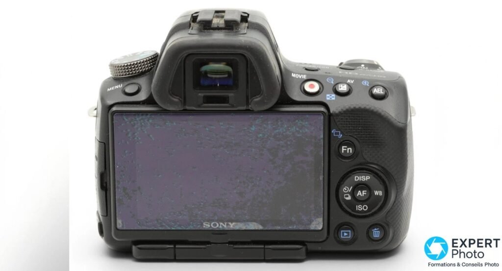 Dos du Sony SLT-A33 avec dalle d'écran orientable couverte de traces vertes étendues, exemplaire d'occasion dégradé