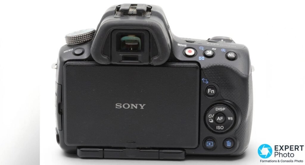 Dos du Sony SLT-A33, écran orientable rabattu face logo SONY visible, viseur EVF, molette de mode et boutons Fn DISP AF