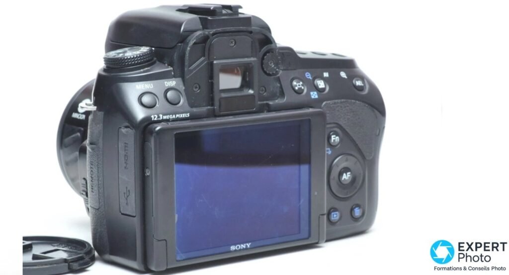 Vue arrière du Sony Alpha 500 avec écran LCD, viseur optique, badge 12,3 Mpx et croix directionnelle AF.