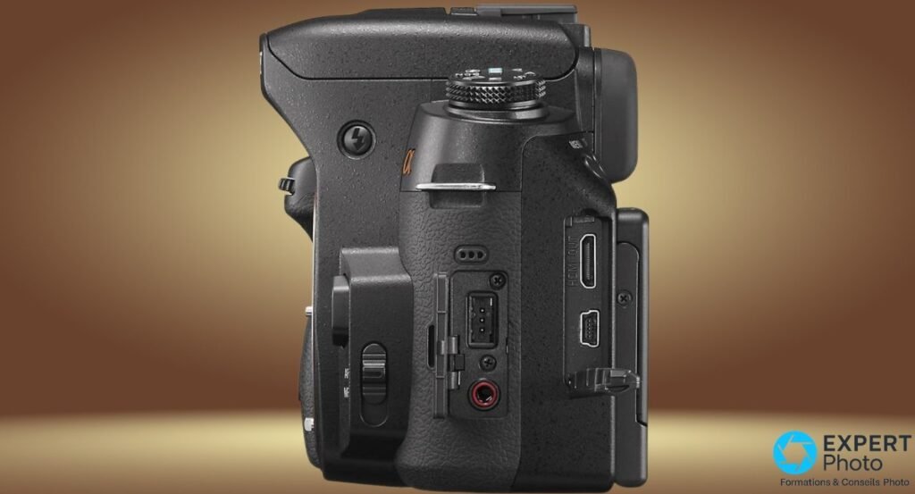 Profil droit du Sony Alpha 560 avec trappes ouvertes, ports HDMI mini, USB mini et prise jack microphone visibles.