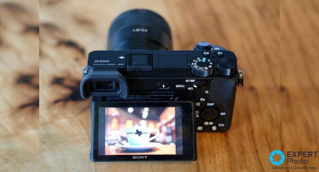 Sony Alpha 6500 vu de dos avec écran tactile inclinable relevé affichant une image, viseur OLED et molette de mode visibles. 