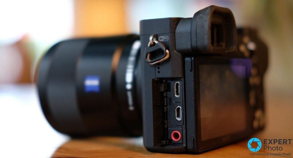  Sony Alpha 6500 de profil gauche, cache de connectique ouvert sur micro-USB, micro-HDMI et prise micro 3,5 mm.