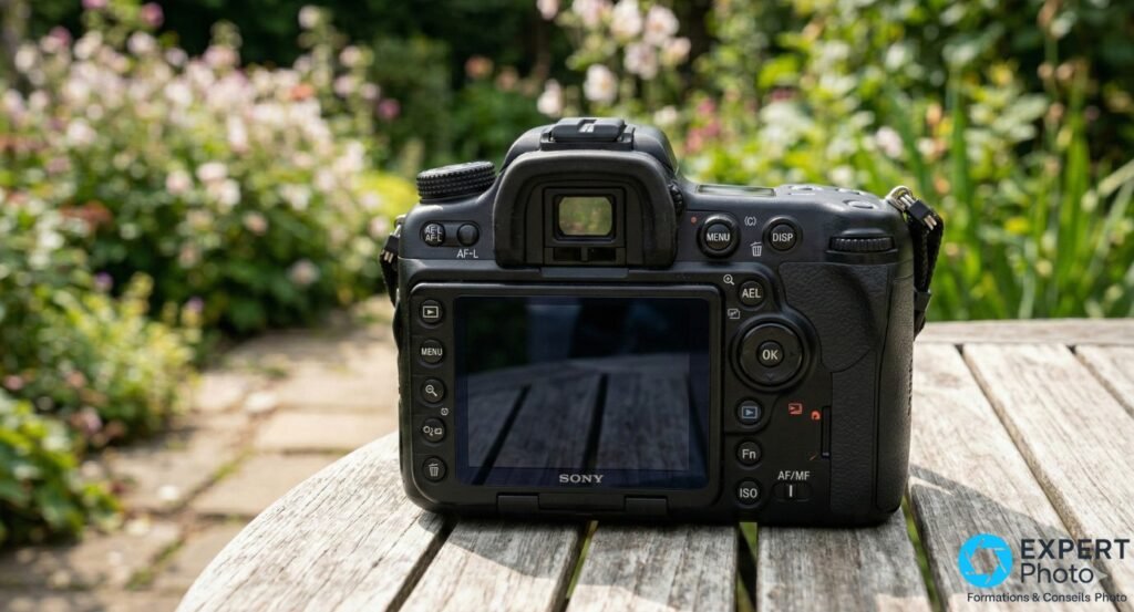 Sony Alpha A700 vu de dos, écran fixe éteint, boutons MENU DISP AEL AF-L OK ISO AF/MF lisibles, jardin flou en fond