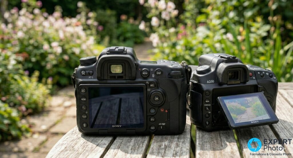 Sony Alpha A700 à gauche et Sony A350 à droite vus de dos, écran fixe vs écran inclinable déployé, même environnement jardin