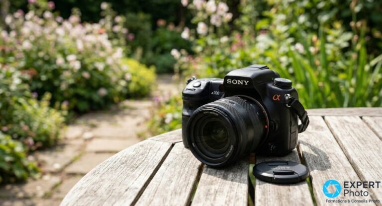 Sony Alpha A700 : un reflex A-mount pour prolonger un parc existant Sony Alpha A700 noir vu de 3/4 avant, objectif Sony monté, bouchon posé sur la table, jardin flou en arrière-plan