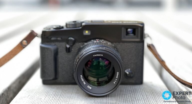 7Artisans 55mm f/1.4 II : avis et profils adaptés en portrait APS-C Objectif 7Artisans 55mm f/1.4 II marqué « Φ52 » monté de face sur boîtier hybride noir, sangle cuir marron, fond flou gris