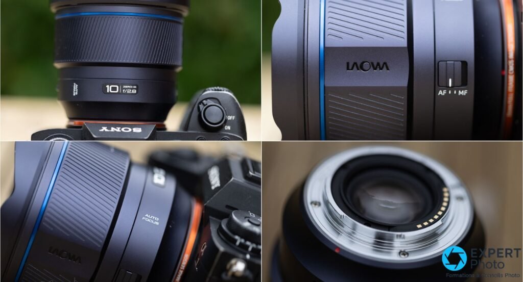 Mosaïque 4 vues macro Laowa 10mm f/2,8 Zero-D : marquage ZERO-D, commutateur AF/MF, flanc AUTO FOCUS et monture arrière avec contacts dorés