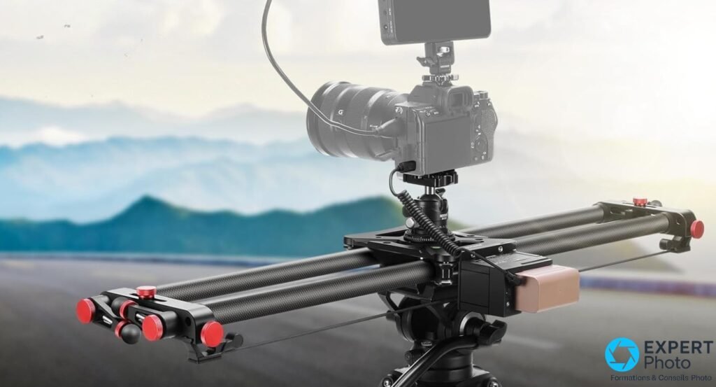 Slider Neewer ER1 80 cm en carbone, hybride avec optique G et moniteur externe, câble spiralé, chariot motorisé, fond paysage