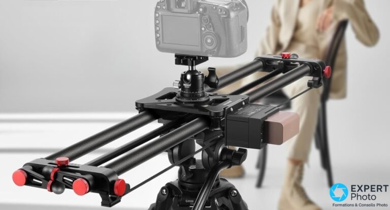 Rail slider motorisé Neewer ER1 80 cm en carbone, chariot avec tête rotule Neewer, boîtier reflex monté, tête fluide GM88