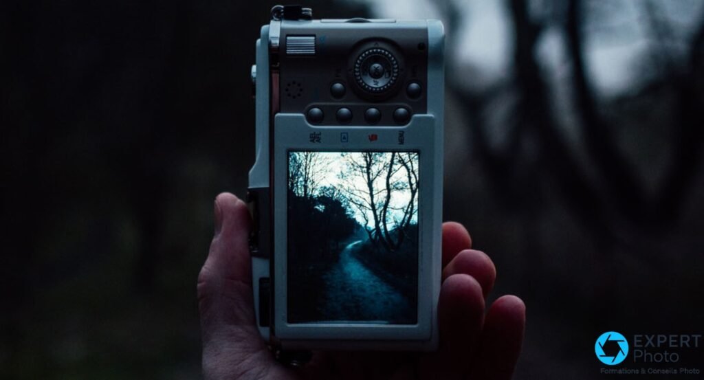 Dos d’un Olympus Pen tenu en main, écran arrière allumé affichant un paysage de chemin arboré, fond sombre