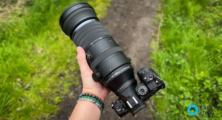 OM System M.Zuiko 150-600mm tenu en main au-dessus, fond herbeux, inscription 150-600mm f5-6.3 lisible sur le fût