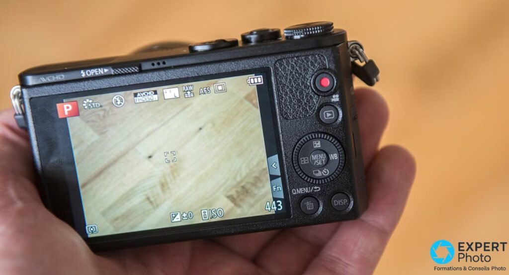 Dos du Panasonic Lumix GM1 tenu en main, écran LCD allumé avec interface live view, commandes navigation et bouton enregistrement visibles