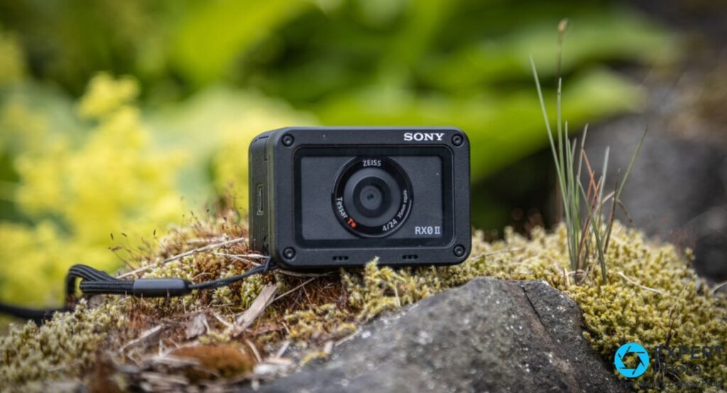 Sony RX0 II noire face avant sur pierre de mousse, bague Zeiss Tessar T* 4/24, logo SONY et RX0 II visibles, dragonne
